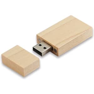 A wooden 8GB USB flash drive with a removable cover, showcasing a natural wood finish.