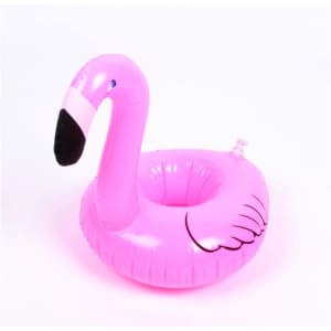 A pink flamingo inflatable drink float with a detailed head and wings design. It features a built-in cup holder.