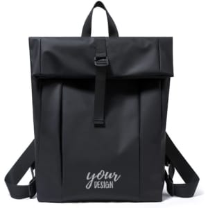 A black expandable laptop daypack with a roll-top design and adjustable straps. It features a logo.