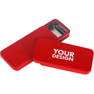 A red slide top tin box container with a silver interior, featuring a logo.