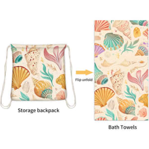 A beige drawstring bag featuring a shell design that unfolds into a large beach towel adorned with sea-themed illustrations.