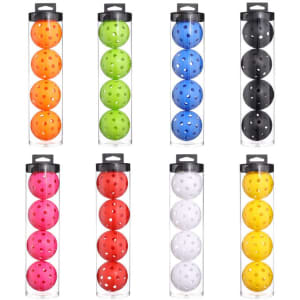 Eight tubes containing pickleballs in various colours: orange, green, blue, black, pink, red, white, and yellow. Each tube has a secure lid.