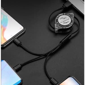 A retractable multi charging cord in black, connecting multiple devices with various charging ends, along with a logo.