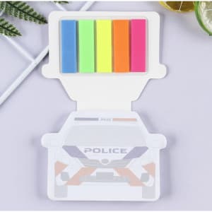 A portable sticky note pad with a police car design, featuring five vibrant page markers in blue, green, yellow, orange, and pink.