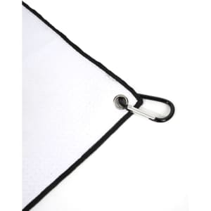 A white golf towel with a black trim and a carabiner clip attached. It features a small logo.