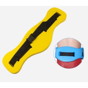 A yellow swimming training waist floating kickboard with a black strap, featuring a circular inset showing a blue and red variation.