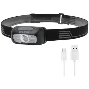 A black LED rechargeable headlamp with a USB charging cable, featuring a sleek design and adjustable strap.