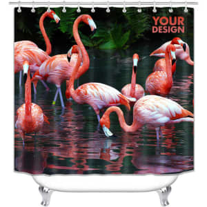 A polyester bathroom curtain featuring vibrant pink flamingos standing in water, with a dark green background.