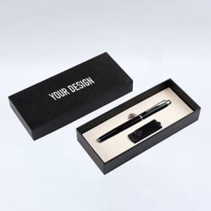 A black ballpoint pen and USB flash drive set in a sleek black presentation box with a logo.