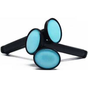 Custom car air freshener vent clips in a black design with light blue oval elements. Features a logo.