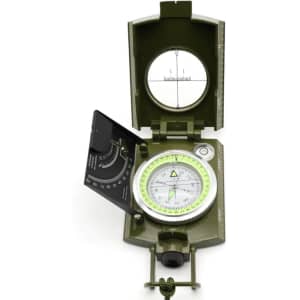 A multifunctional camping compass in olive green, featuring a clear dial, adjustable base, and illuminated components.