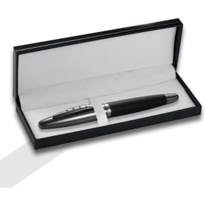 A metal ballpoint pen with a matte black handle in a stylish presentation box. Includes a logo on the pen.