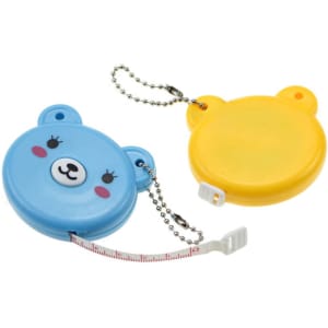 A blue and yellow bear-shaped retractable tape measure with a chain for attachment. Features a playful design.