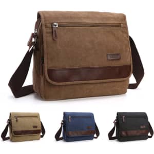 A vintage men's messenger bag in brown with leather accents, featuring a front zip pocket. Available in olive, navy, and black.