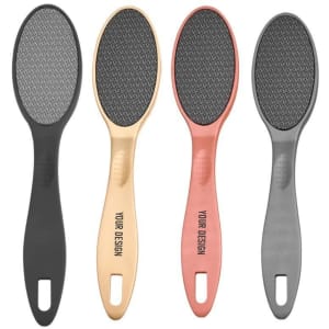 A set of four portable foot file callus removers in black, gold, rose gold, and grey, each featuring a textured surface.