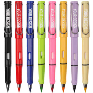 A selection of pencils in various colours: black, red, blue, green, pink, orange, yellow, and purple, with branding.