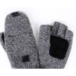 Wool fingerless pop-top gloves in grey with a black patch, featuring a textured knit design and an open finger style.