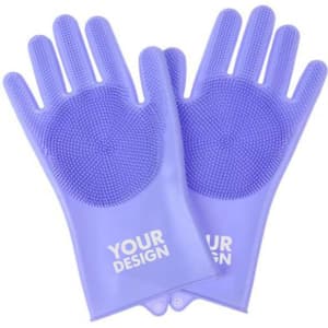 Purple silicone dishwashing gloves with textured grip surfaces and a logo. Ideal for cleaning tasks.
