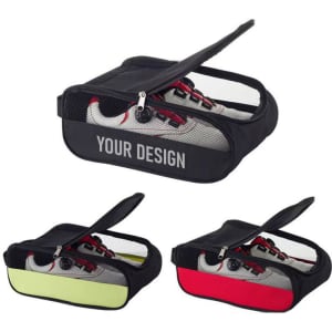 A portable zippered golf shoe bag in black, featuring mesh panels and available in red, yellow, and black.