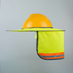 A yellow hard hat with a full brim and a bright yellow mesh neck sunshade featuring reflective strips.