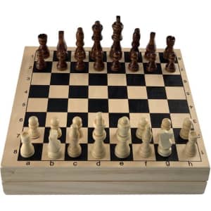 A foldable wooden chess set featuring light and dark wooden pieces on a checkered board. The set includes a storage compartment.