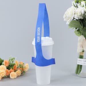 A disposable T-type handle cup carrier in blue, designed for holding a white drink cup. Features a logo.