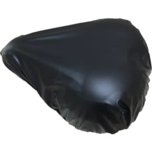 A black waterproof bike saddle cover with a smooth, shiny surface. Features a simple design and a logo.