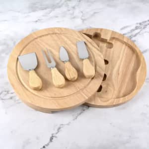 A personalised wooden cheese board with a set of four metal knives, featuring light wooden handles.