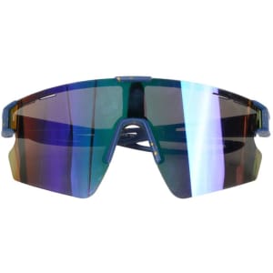 A pair of baseball sunglasses featuring a blue frame and reflective lenses with UV protection.