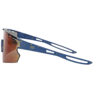 Blue sunglasses with a sleek design and UV protection. Features a tinted lens and a logo on the frame.