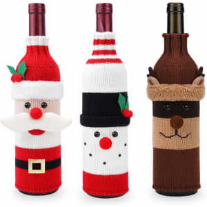 Three wine bottle covers in festive designs: Santa, a snowman, and a reindeer, featuring bright colours and playful details.