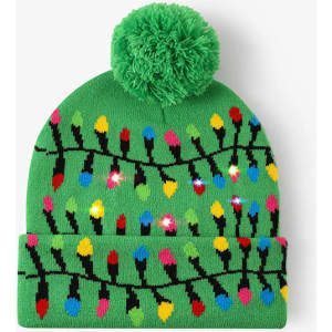A green knitted beanie features a pom-pom top and colourful light bulb designs, with an included logo.