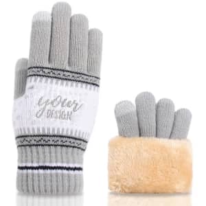 A pair of grey gloves with a knitted design and a fluffy wrist cuff, featuring a logo on one glove.