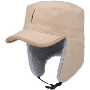 A beige fleece trapper hat with a front brim and soft grey lining, featuring an adjustable strap.