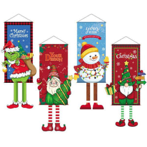 A set of four colourful, personalised hanging Christmas flags featuring festive characters like Santa, a snowman, and the Grinch.