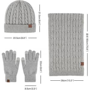 A grey cold-proof beanie, scarf, and gloves set. The gloves, scarf, and beanie feature a cable knit design.