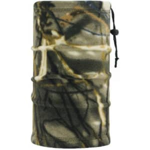 A multifunctional neck gaiter in a camouflage pattern featuring tones of green, brown, and white, with a pull tie.