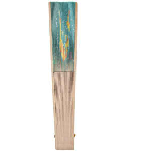A custom handheld fan featuring a blue and multicoloured design with a textured finish, complete with a logo.
