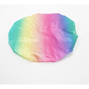 A custom shower cap featuring a gradient design in pastel colours of pink, purple, blue, and green with a branding logo.