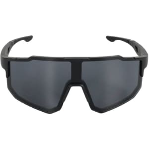 Polarized sports outdoor sunglasses with a sleek black frame and large dark lenses, featuring a logo on the side.