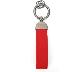A red keychain with a metal ring attachment, featuring a smooth, stitched finish.