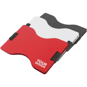 A set of three RFID-blocking credit card holder wallets in red, white, and black, featuring a logo.