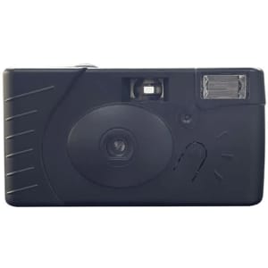 A black custom disposable camera with a flash and a simple design, featuring a lens and viewfinder.