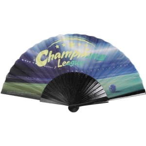 A wooden folding hand fan featuring a graphic design with blue and green tones, displaying a logo.