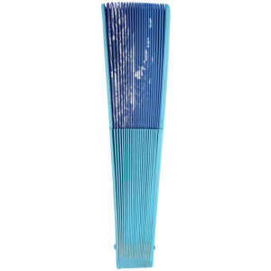 A wooden folding hand fan in shades of blue, featuring a simple design and a logo. Ideal for leisure and outdoor activities.