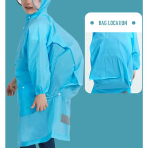 A blue kids' raincoat with a hood, featuring pockets and a visible bag location for storage.