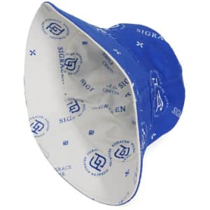 A blue custom reversible bucket hat featuring a printed pattern and a logo on the inside.