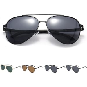 Polarized aviator sunglasses in various colours, including black, green, and brown, with a reflective lens finish.