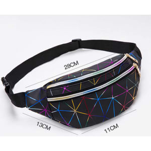 A custom waterproof waist bag in black with a colourful geometric pattern and multiple zippered compartments.