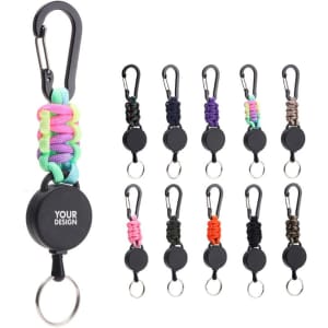 A retractable keychain with a carabiner and various colourful paracord designs, featuring a logo area.